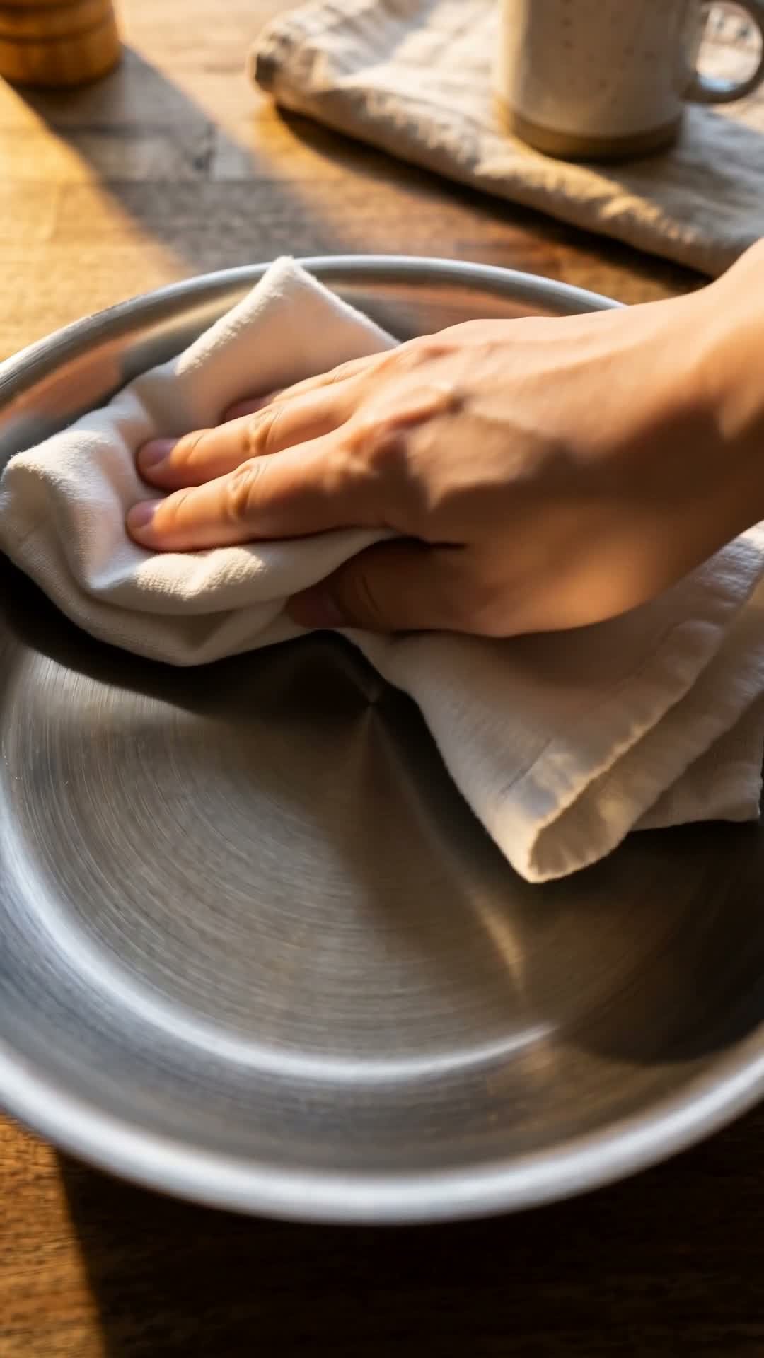 Wiping rainbow heat tint off a stainless steel pan with white vinegar