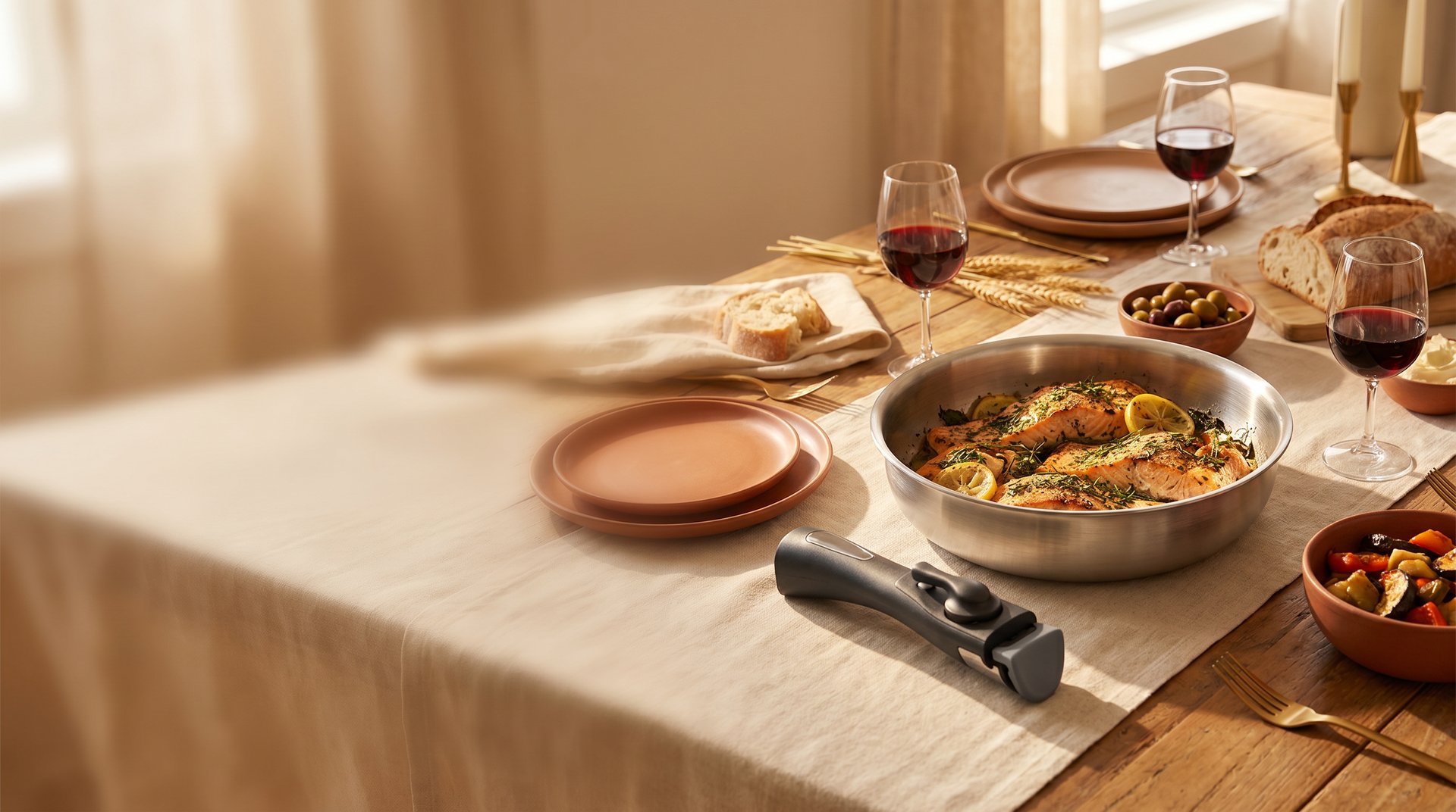 A shared sunlit table with a PHILIATRIP stainless steel pan as the centerpiece serving dish