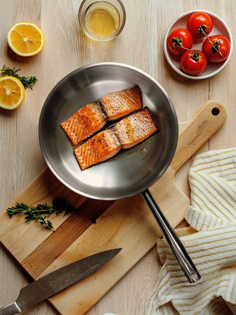Salmon searing in a PHILIATRIP pan