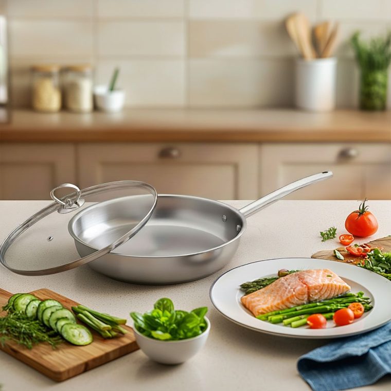 Cookware and vegetables on a counter