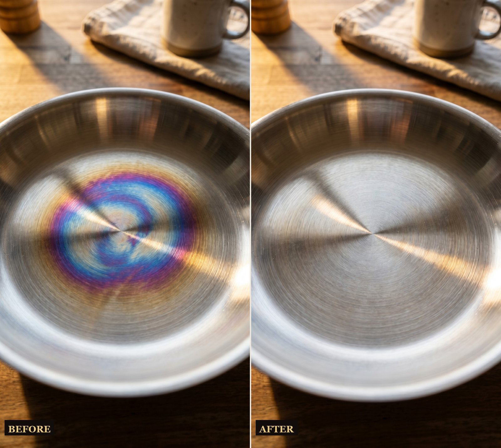 Stainless steel pan before and after removing rainbow tint with vinegar