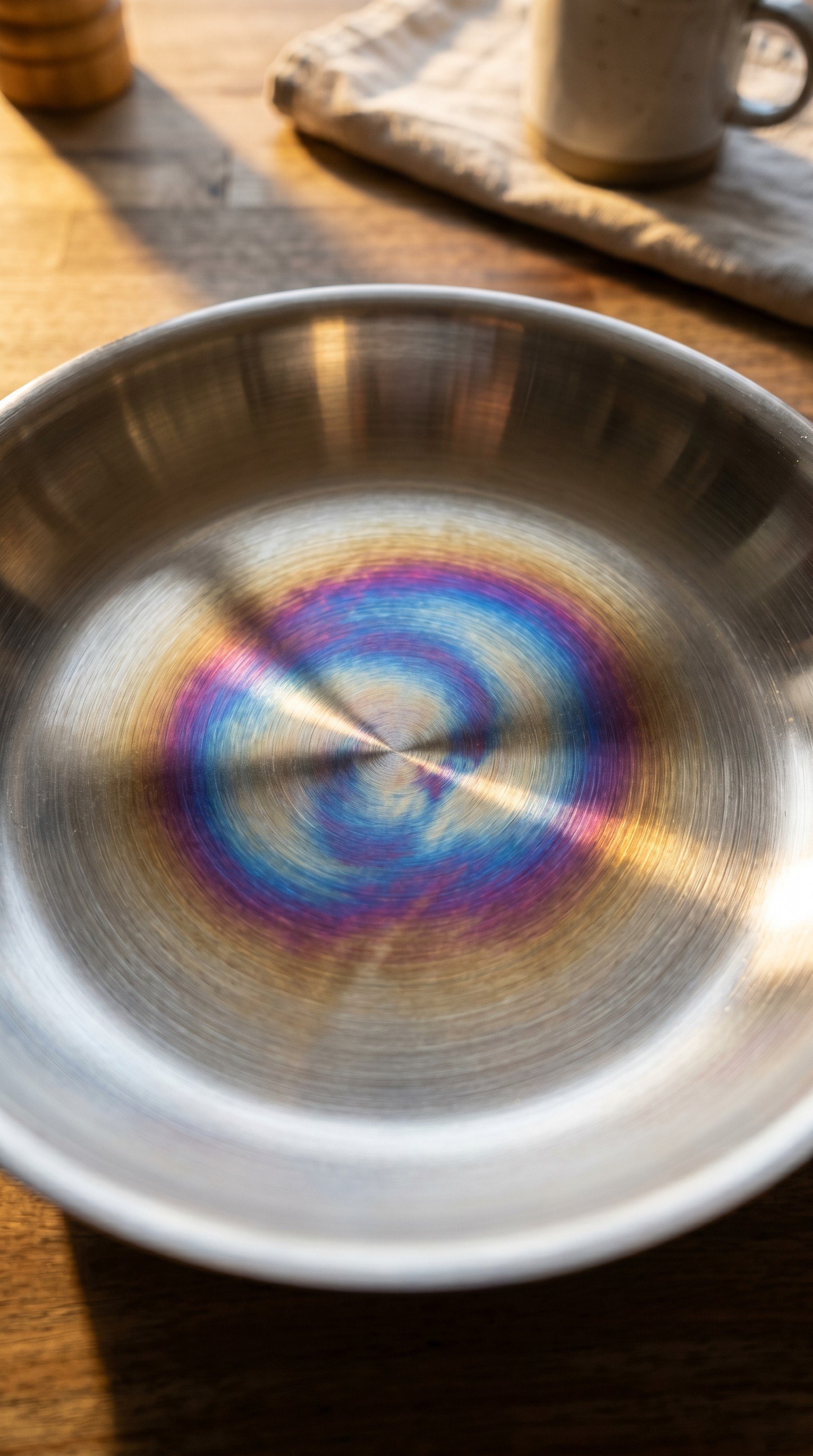 Rainbow heat tint on the bottom of a stainless steel pan