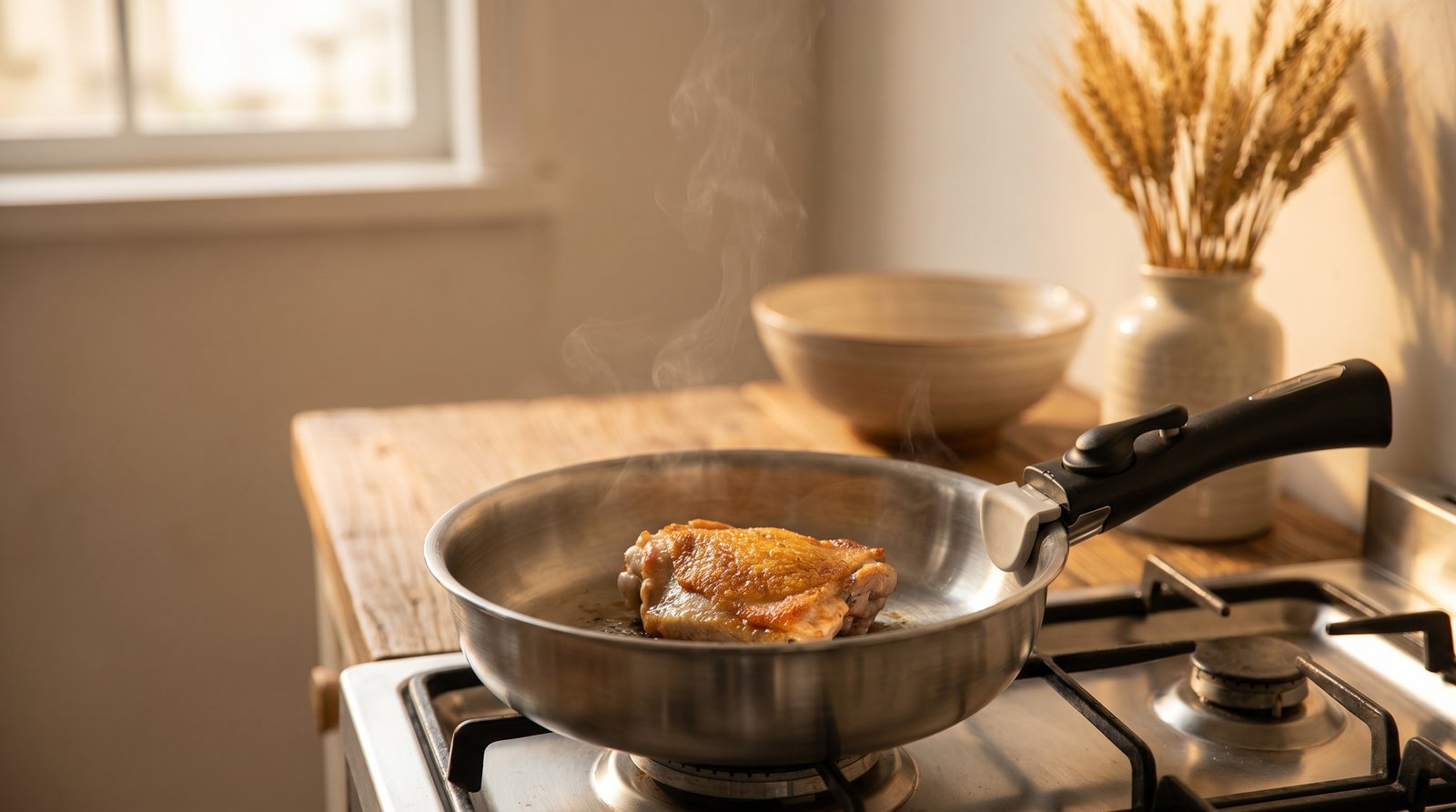 Food searing cleanly in a stainless steel pan without sticking